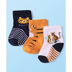 Cute Walk By Babyhug Knit Ankle Length Anti-Bacterial Socks with Animal Design Pack of 3 - White & Tan