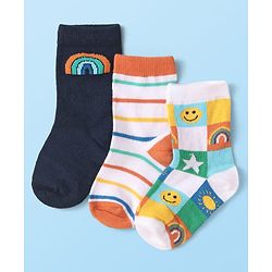 Cute Walk by Babyhug Anti Skid Ankle Length Antibacterial Knitted Striped & Text Design Socks Pack Of 3 - Red Grey & White