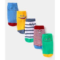 Cute Walk By Babyhug Anti-Bacterial Ankle Length Socks with Stripes & Smiley Design Pack of 5 - Blue & Yellow