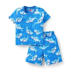 Babyhug Cotton Knit Half Sleeves Short Night Suit with Whale Print - Blue