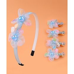 Babyhug Hair Accessories Combo Set with Floral & Diamond Applique - Light Blue
