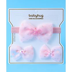 Babyhug Headband & Clips with Bow Applique Accessories Set - Pink