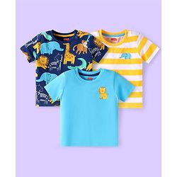 Babyhug Cotton Knit Half Sleeves T-Shirts With Animal Print Pack of 3 - Yellow Light & Navy Blue
