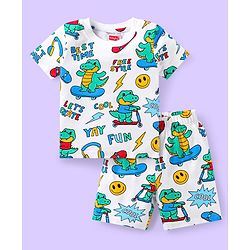 Babyhug Cotton Knit Half Sleeves Short Night Suit with Dino Print - White