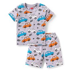 Babyhug Cotton Knit Half Sleeves Short Night Suit with Car Print - Grey