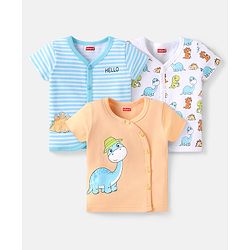Babyhug 100% Cotton Knit Half Sleeves Front Open Vests with Stripes & Animal Print Pack of 3 - Sky Blue Peach & Sky Blue