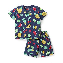 Babyhug Cotton Knit Half Sleeves Shorts Night Suit with Tropical Theme Print - Navy Blue