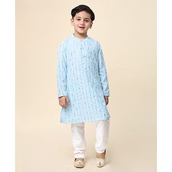 Babyhug Full Sleeves Woven Kurta Pyjama Set with Sequin & Embroidery - Light Blue