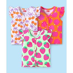 Babyhug Interlock Knit Frill Sleeves Front Open Vest With Tropical Theme Print Pack Of 3 - Orange White & Light Green