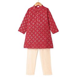 Babyhug Woven Full Sleeves Sequinned Embellished Kurta Pyjama Set - Red