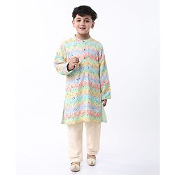Babyhug Woven Full Sleeves Mirror Embellished Kurta Pyjama Set with Cheveron Print - Pink & Yellow