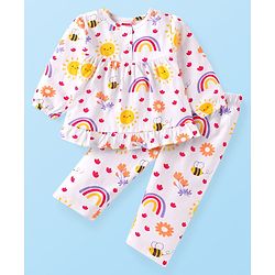 Babyhug Cotton Knit Full Sleeves Night Suit With Floral & Honeybee Print - White