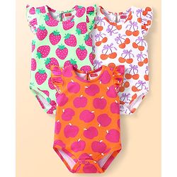 Babyhug 100% Cotton Knit Frill Sleeves Onesies With Fruit Print Pack of 3 - White Orange & Light Green