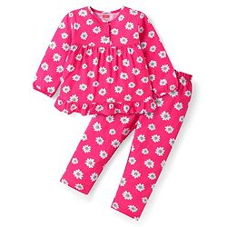 Babyhug Cotton Knit Full Sleeves Floral Printed Night Suit - Dark Pink