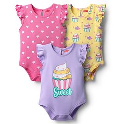 Babyhug 100% Cotton Knit Frill Sleeves Cupcake & Polka Dot Printed Onesies Pack of 3- Lilac Yellow & Dark Pink