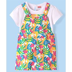 Babyhug Cotton Knit Frock & Half Sleeves Inner Tee With Leaf Print - White
