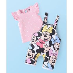 Babyhug Disney Single Jersey Knit Dungaree & Frill Sleeves Polka Dot Printed T-Shirt With Minnie Mouse Graphics - White & Pink