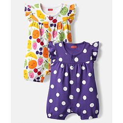 Babyhug 100% Cotton Interlock Knit Half Sleeves Romper with Polka Dot Design & Tropical Print Pack of 2 - Purple & White