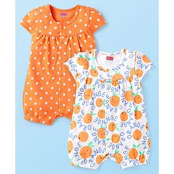 Babyhug Interlock Knit Half Sleeves Rompers With Fruit & Polka Dot Print Pack of 2 - Orange & White