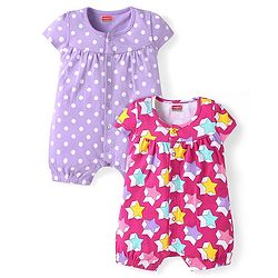 Babyhug 100% Cotton Half Sleeves Rompers with Polka Dots & Star Pack of 2 - Dark Pink & Purple