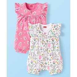 Babyhug 100% Cotton Knit Frill Sleeves Front Open Romper with Floral Print Pack of 2 - Pink & White