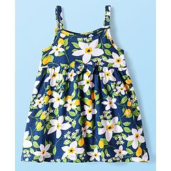 Babyhug Single Jersey Knit Singlet Sleeves Frock with Floral Print - Navy Blue