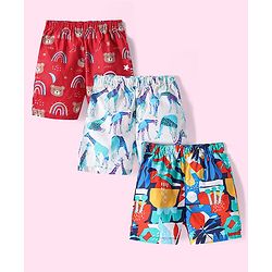 Babyhug Poplin Woven Above Knee Length Boxers With Animal & Tropical Print Pack Of 3 - Red Grey & Navy Blue