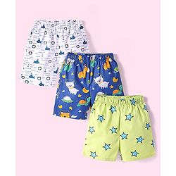 Babyhug Cotton Woven Boxers with Nautical & Space Theme Print Pack of 3 - Blue White & Light Green