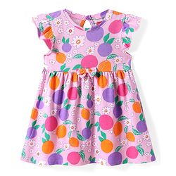 Babyhug Cotton Knit Frill Sleeves Frock With Floral & Fruit Print - Pink