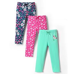 Babyhug Cotton Knit Full Length Leggings with Floral Print Pack of 3 - Pink Sea Green & Navy Blue