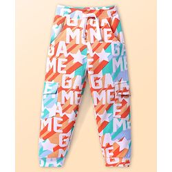 Babyhug Terry Knit Full Length Lounge Pant With Text Print - Orange & Blue