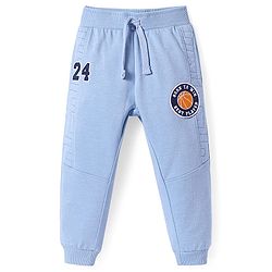Babyhug Cotton Knit Full Length Lounge Pants with Sports Badge - Blue