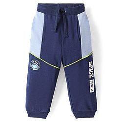 Babyhug Cotton Knit Full Length Cut & Sew Designed Lounge Pant with Text Print - Navy Blue