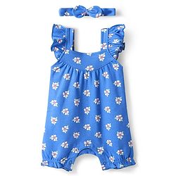 Babyhug Interlock Knit Sleeveless Romper With Floral Print & Headband - Blue