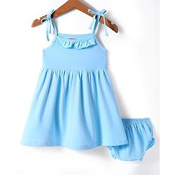 Babyhug Single Jersey Knit Singlet Sleeves Solid Frock with Bloomer - Light Blue