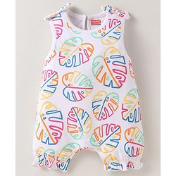Babyhug 100% Cotton Knit Sleeveless Tropical Theme Printed Romper with Bow Applique - White