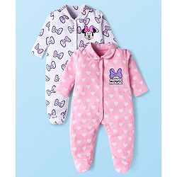 Babyhug Disney Interlock Knit Full Sleeves Minnie Mouse Graphics And Peter Pan Collar Sleep Suits Pack Of 2 - Pink & White