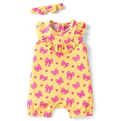 Babyhug 100% Cotton Knit Sleeveless Bow & Hearts Printed Romper with Headband - Yellow