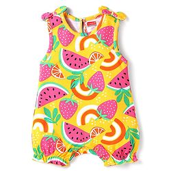 Babyhug 100% Cotton Knit Sleeveless Romper with Fruits Print & Bow Applique - Yellow