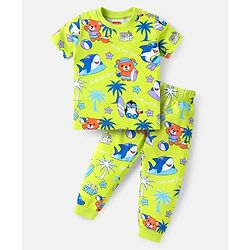 Babyhug Cotton Knit Half Sleeves Night Suit with Beach Theme Print - Light Green