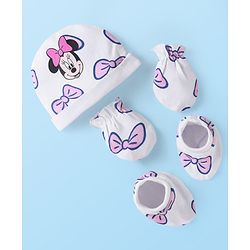Babyhug Disney Interlock Knit Minnie Mouse Printed Cap Mittens & Booties Set -White
