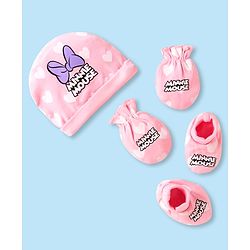 Babyhug Disney Interlock Knit Cap Mittens & Booties With Minnie Mouse Graphics - Pink