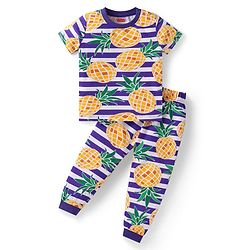 Babyhug Cotton Knit Half Sleeves Striped Night Suit with Pineapple Print - Yellow