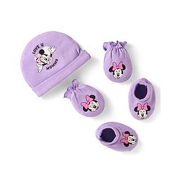 Babyhug Disney Interlock Knit Cap Mittens & Booties Set with Minnie Mouse Graphics Lavender - Diameter 10 cm