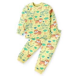 Babyhug Cotton Knit Full Sleeves Co-ords Night Suit with Jungle Theme Print - Yellow