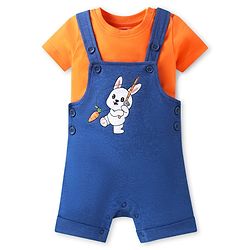 Babyhug Single Jersey Knit Bunny Embroidered Dungaree & Half Sleeves Solid T-Shirt Set - Orange & Blue