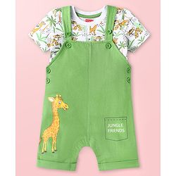 Babyhug Single Jersey Knit Jungle Theme Printed Dungaree & Half Sleeves T-Shirt Set - Green