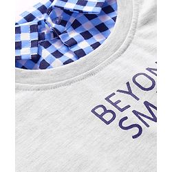 Babyhug Cotton Knit Half Sleeves Overlapped T-Shirt with Checks & Beyond Smart Text Print - Grey & Blue