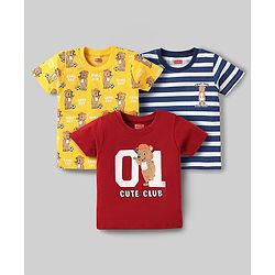 Babyhug Cotton Knit Half Sleeves T-Shirts With Stripes & Animal Print Pack Of 3 - Dark Red & Yellow