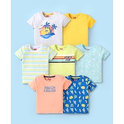 Babyhug Cotton Knit Half Sleeves T-Shirts with Beach Theme Print & Stripes Pack of 7 - Multicolor